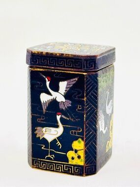 Vintage Cloisonné Hand-Painted Black Crane Trinket Toothpick Decorative Box